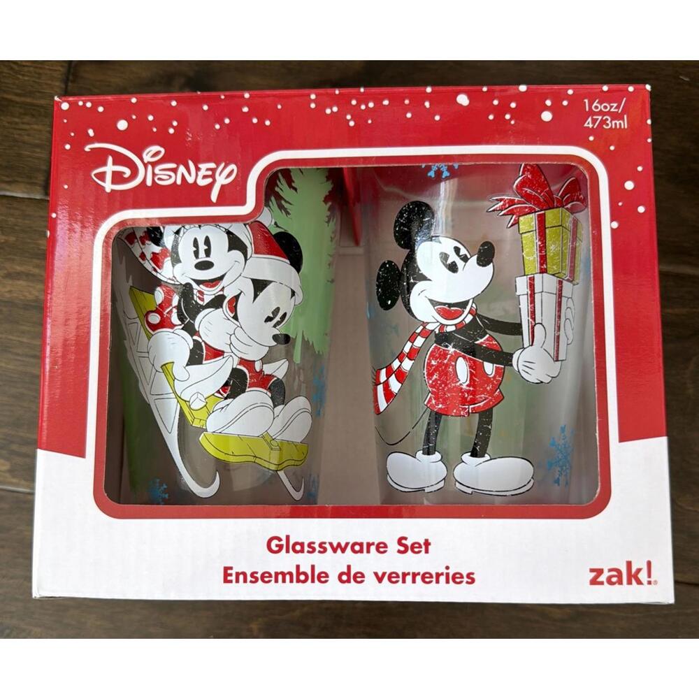 Disney‎ Mickey & Minnie Mouse Christmas Glassware Set of 2 Pint 16 ounce